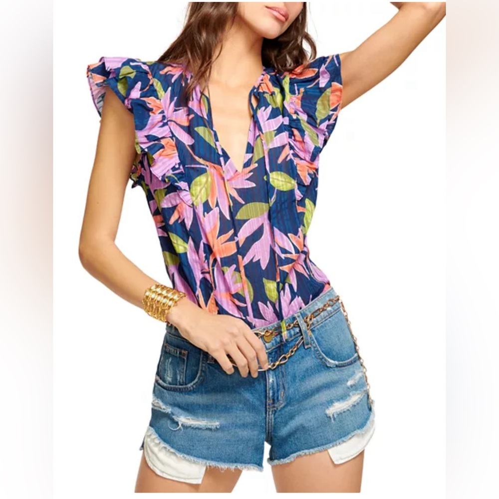 New Ramy Brook Floral Ruffle Orla Split Neck Top Purplee Green